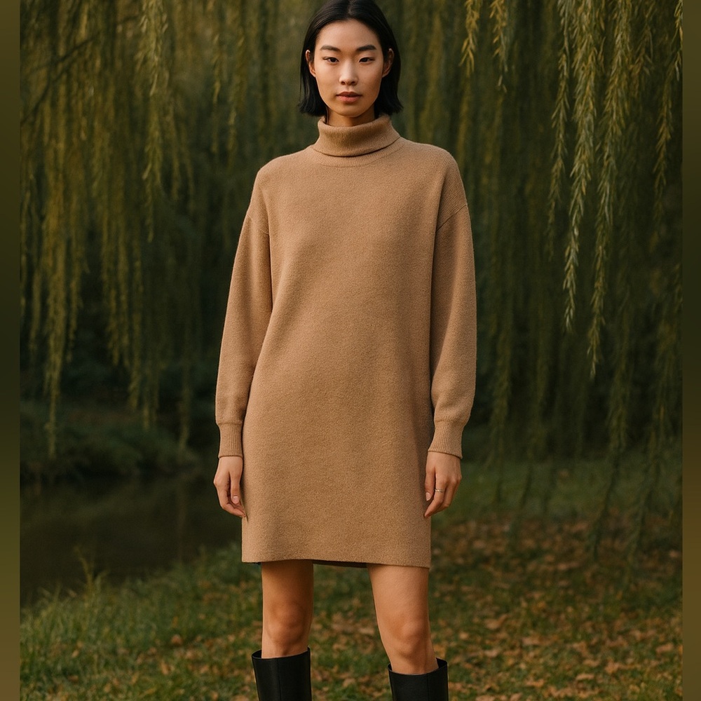 Aritzia Babaton Camel Merino Wool Maclean Turtle Neck Sweater Mini Dress Large